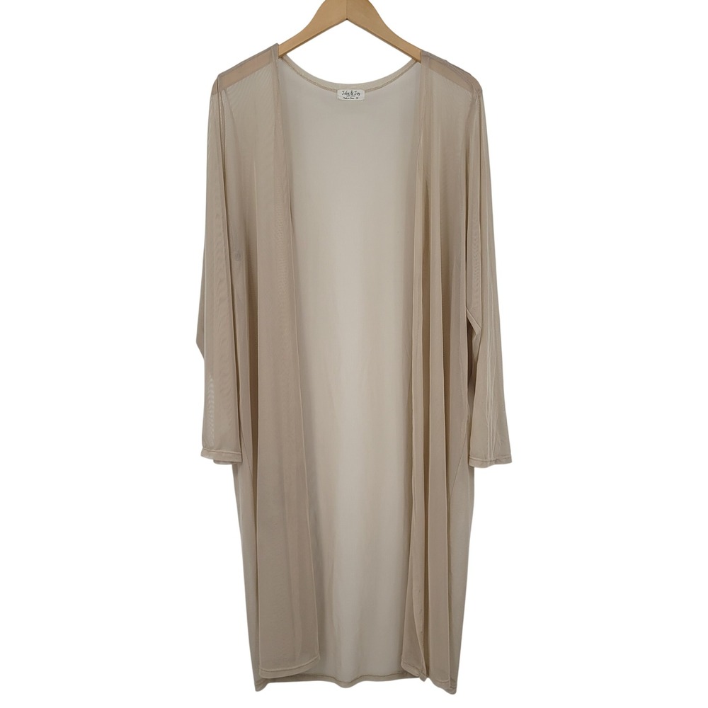 Tan Mesh Longline Cardigan Women 3X Beige Sheer Open Front Layering Ethereal